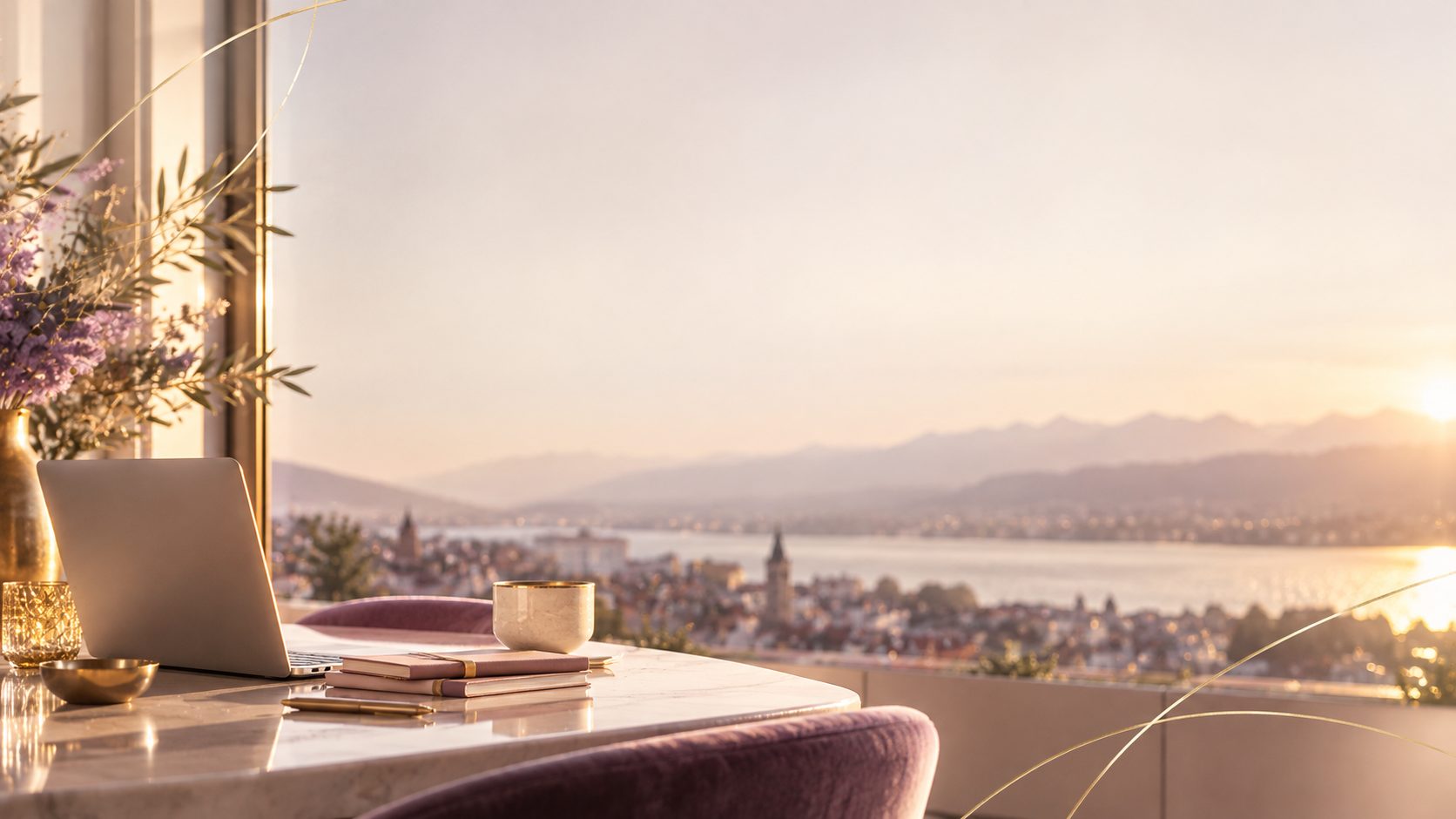 Heller Arbeitsplatz mit Laptop, Notizbüchern und Blick über den Zürichsee bei Sonnenuntergang